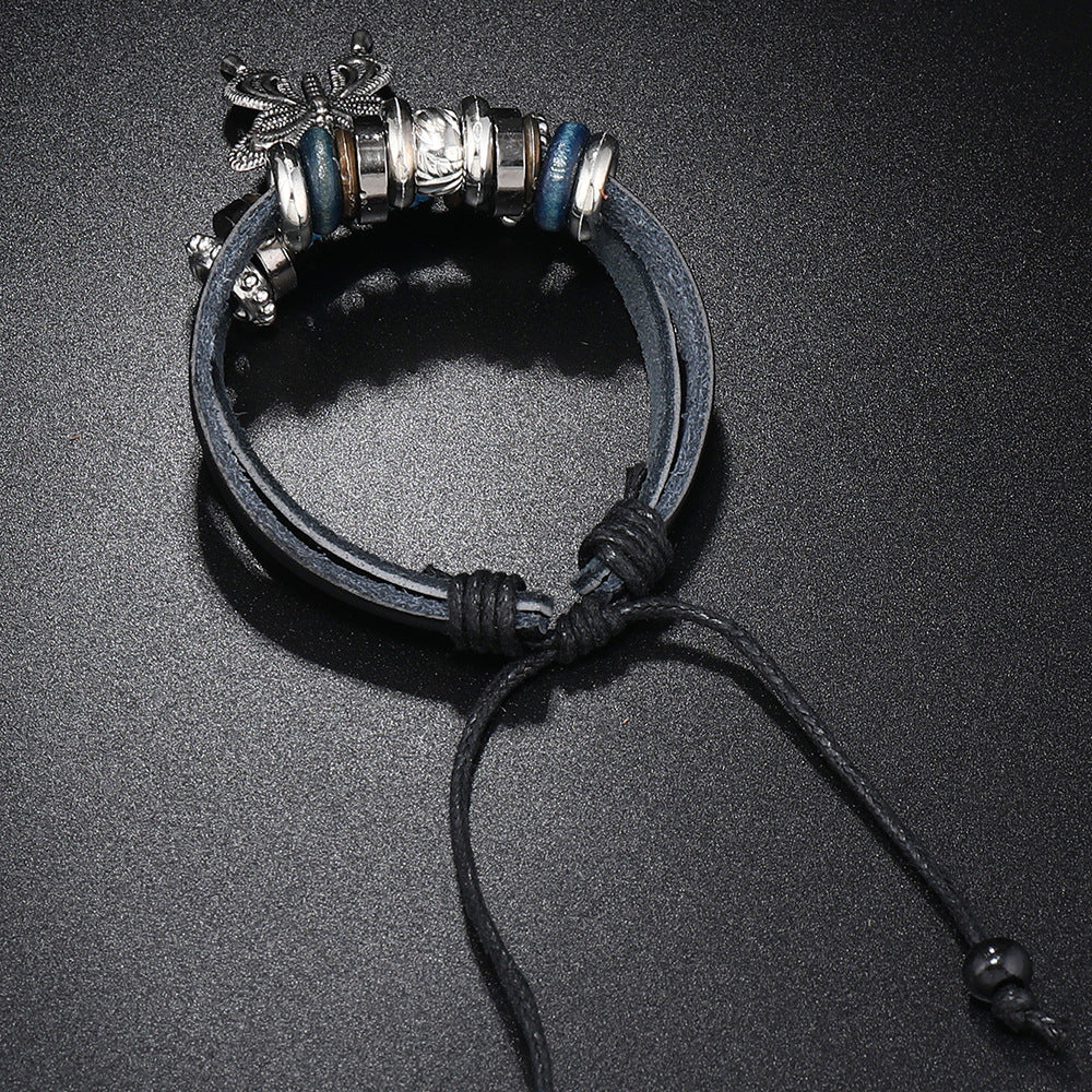 Wholesale Alloy Butterfly Pendant Woven Cowhide Bracelet